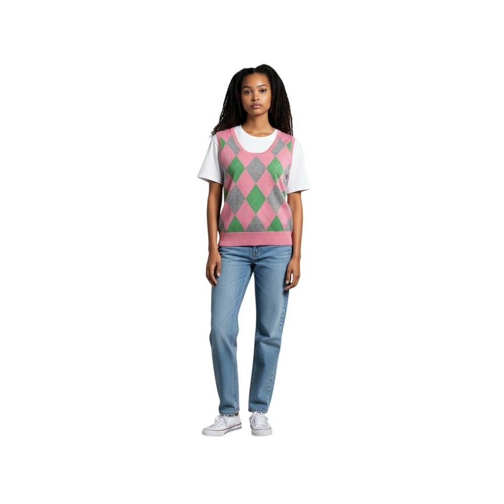 Tommy Hilfiger Pink Argyle Sweater Vest Preppy Striped Back Scoop Neck - Large